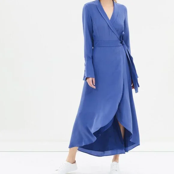 NWT Equipment Gowin Silk Wrap High Low Hem Midi Dress Letterman Blue XS, S $428 - Picture 9 of 10